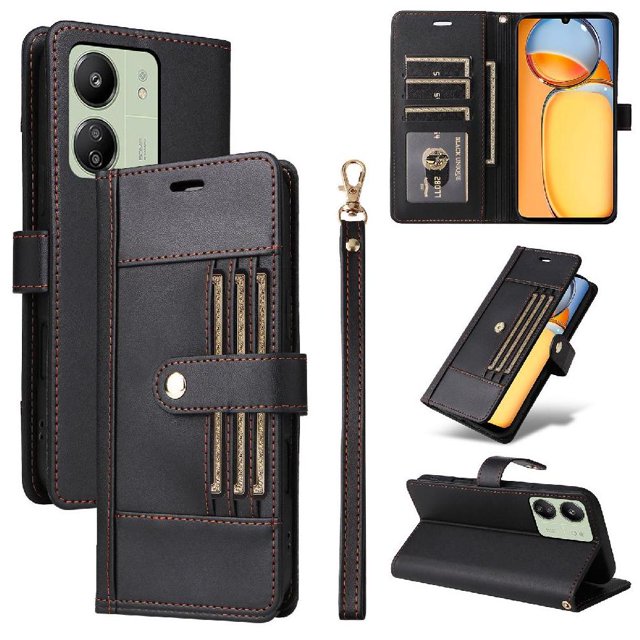 FOXDOCK Funda tipo Cartera para Xiaomi POCO C65 – Cubierta de Cuero PU con Múltiples Ranuras, Bolsillo para Efectivo y Correa de Muñeca