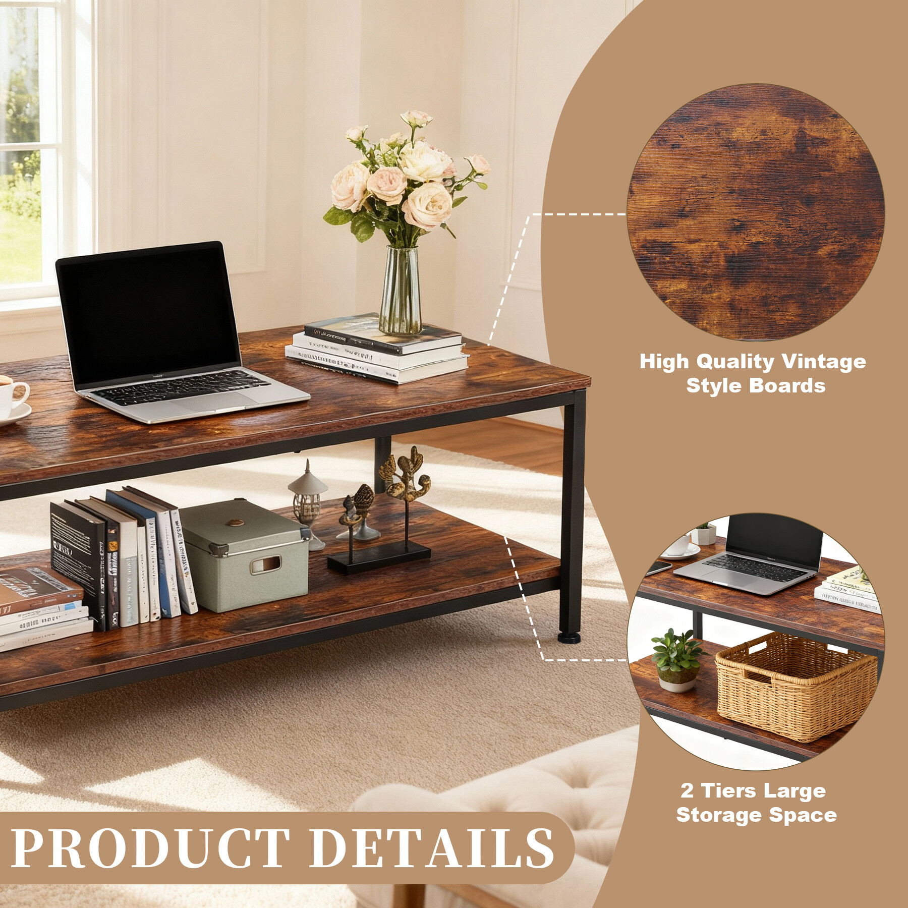 ZENY Modern Rectangle 2-Tier Coffee Table for Living Room Wood Frame, Brown