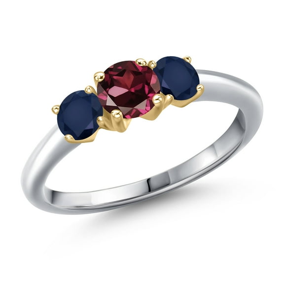 Gem Stone King 925 Silver and 10K Yellow Gold Red Rhodolite Garnet and Blue Sapphire Engagement Ring for Women | 1.30 Cttw | Round 5MM | Gemstone January Birthstone | Size 9
