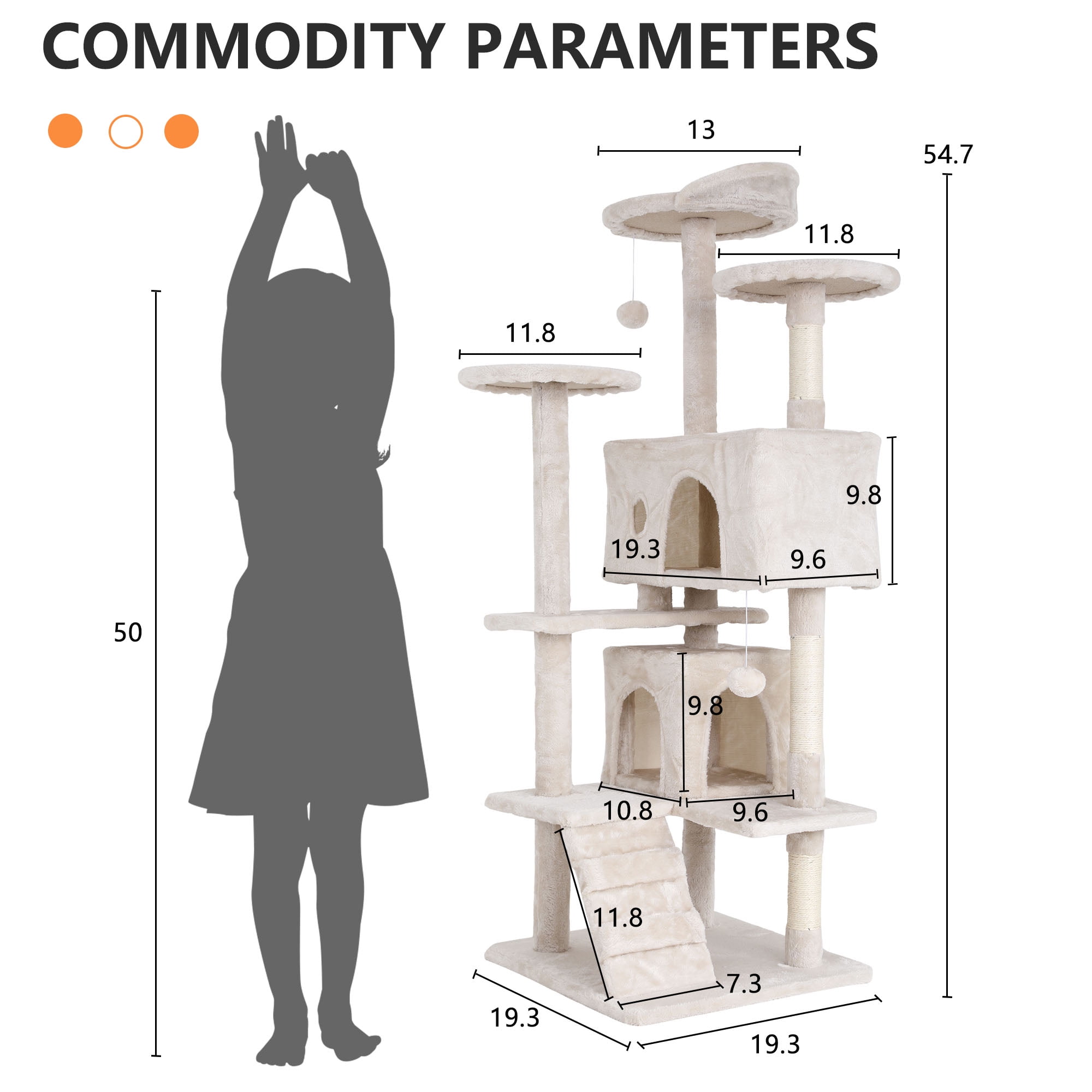 NiamVelo 54-in Double Condo Cat Tree Tower Playhouse with Scratching Post & Perch for Indoor, Beige
