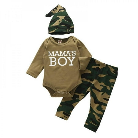 

Infant Toddlers Boys Clothes Set Letter Printed Long Sleeve Jumpsuit Camouflage Pants Hat 3 Piece Set Autumn Babe Clothing