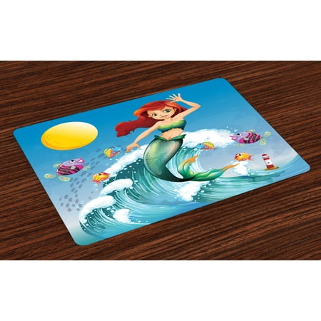 Mermaid Placemats Set of 4 Illustration of Cute Little Mermaid on top of a Big Wave in the Surf with Fish Kids, Washable Fabric Place Mats for Dining Room Kitchen Table Decor,Multicolor, by (Best Place To Surf Fish In Southern California)