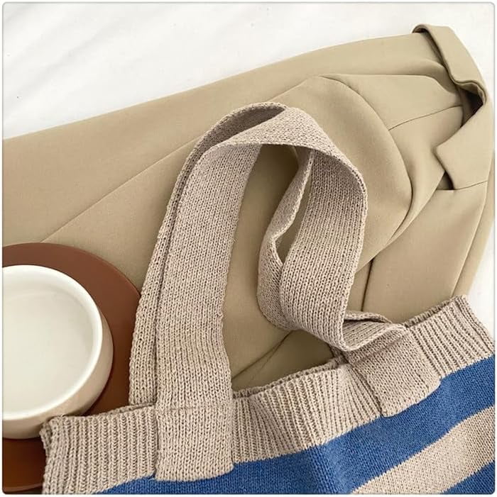 JennyShop Trendy Knitted Shoulder Handbag Striped Tote Bag with Tassel Decoration Color Blocked Crochet Underarm Bag