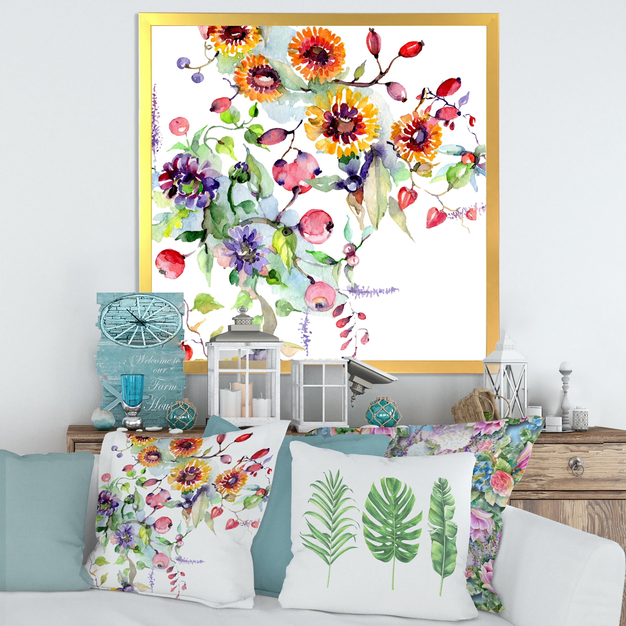 Wildflowers and Vibrant Wild Spring Leaves XI 30 in x 30 in Framed Painting Canvas Art Print, by Designart