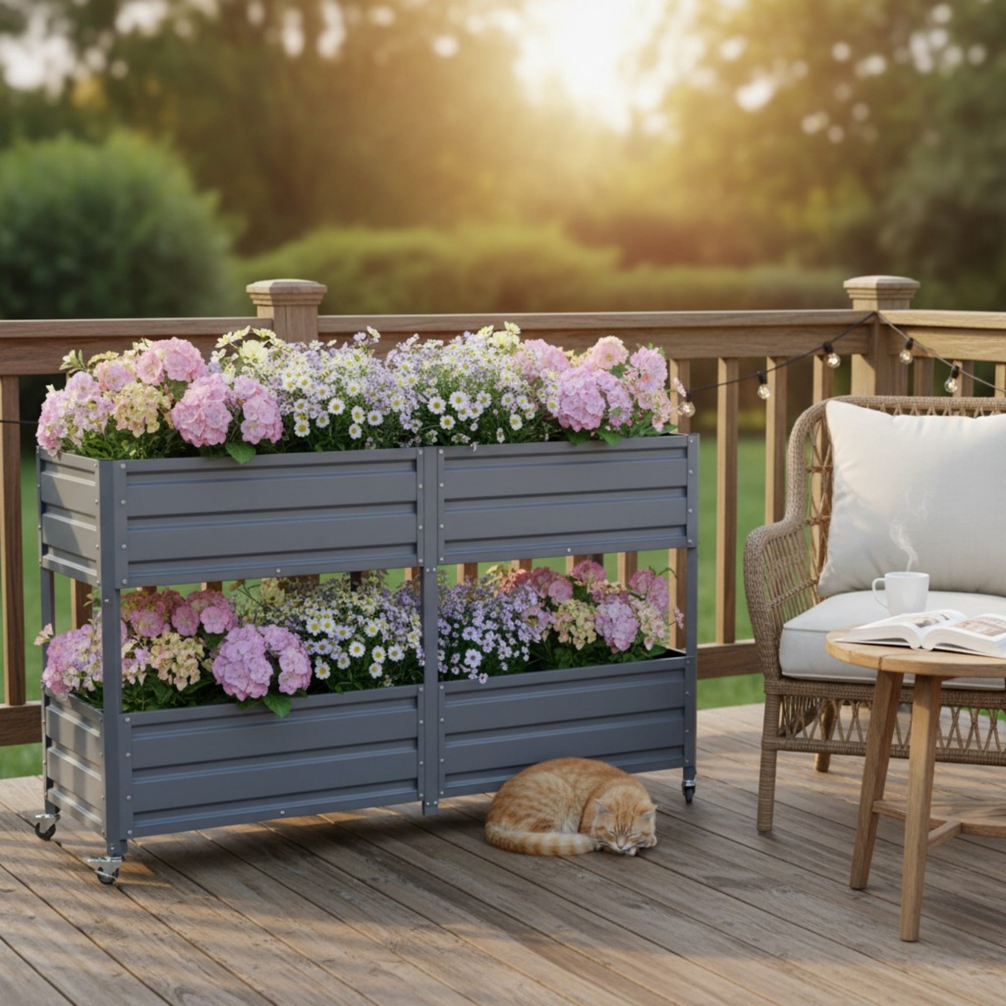 Aukfa 2-Tier Elevated Raised Garden Bed with Lockable Wheels, 37.8" Tall Outdoor Galvanized Metal Planter Box for Vegetables, Herbs, Flowers, Patio Backyard Garden, Gray