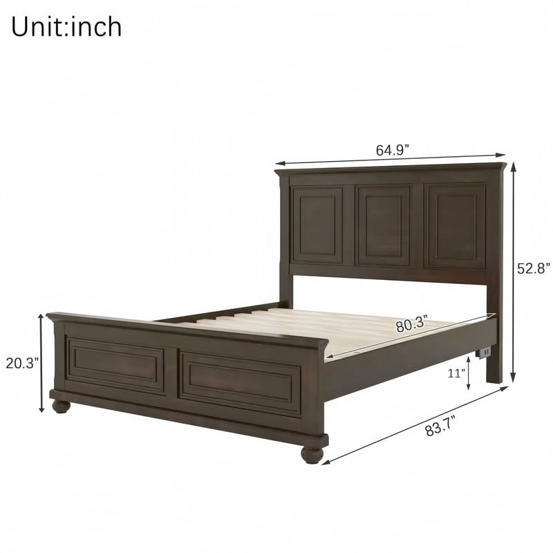 Vintage Style Queen Size Bed Frame with Tall Headboard & Ball-Shaped Legs, Wooden Platform Bed Frame with Charging Station