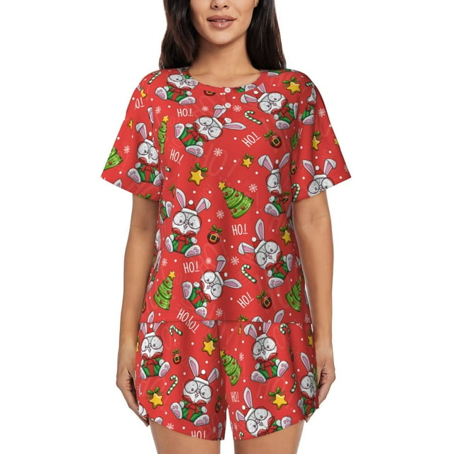 Xecao Cute Christmas Bunny Pattern Women's Short Sleeve Pajama Set Soft Sleepwear Lounge Set with Button Front Top and Drawstring Shorts with Pockets-X-Large