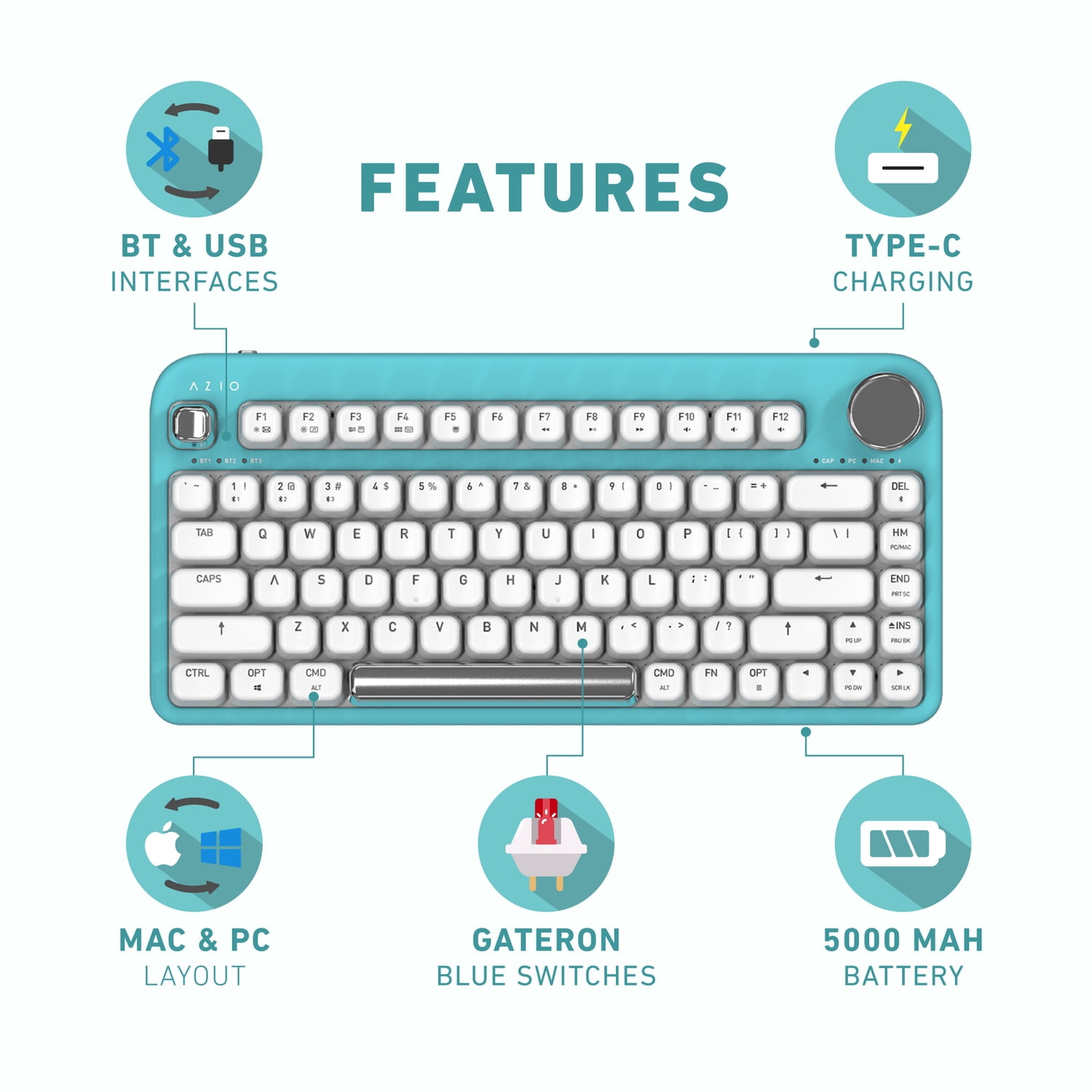 Azio IZO Bluetooth and USB Mechanical Computer Keyboard with Red Switches (Mint Daisy), IK409