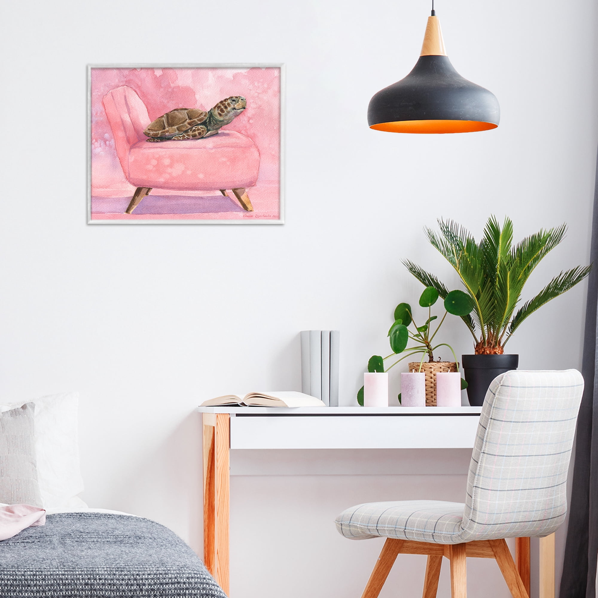 Stupell Industries Happy Turtle on Pink Chair White Framed Giclee Art, design by George Dyachenko