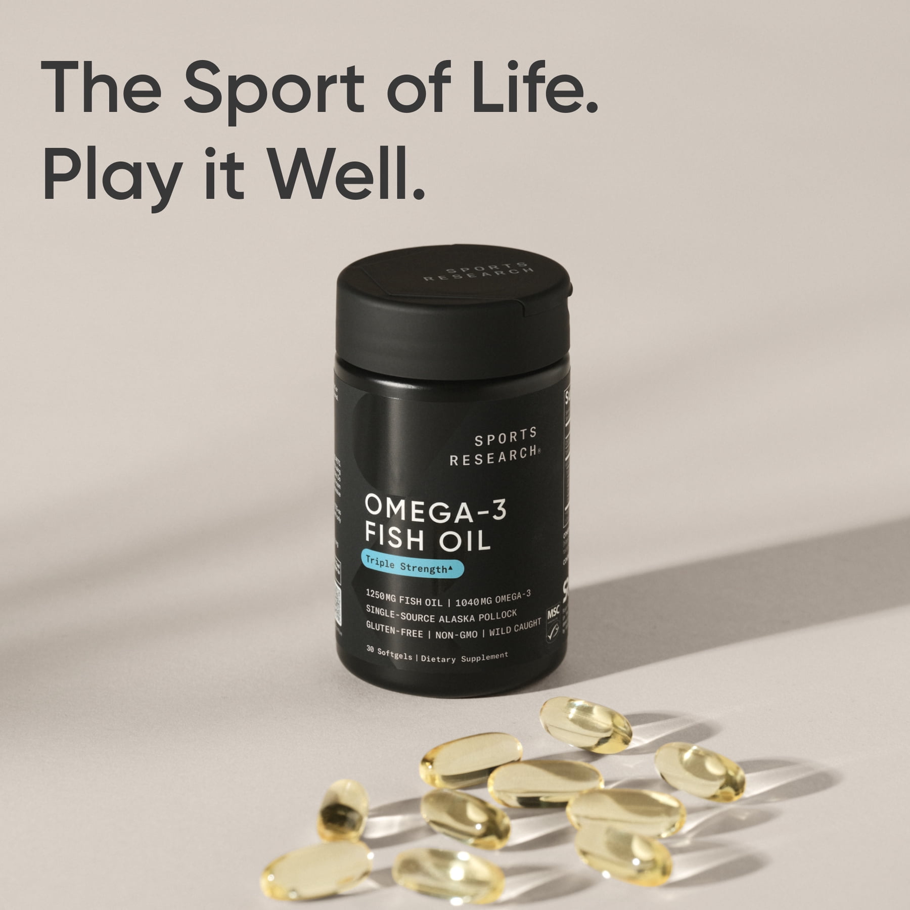 Sports Research® Triple Strength Omega 3 Fish Oil 1250mg Wild Alaska Pollock Burpless (30 Softgels)