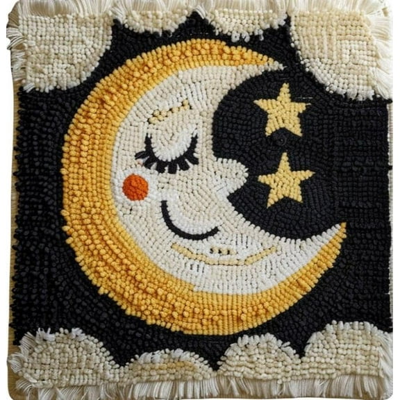 Cartoon Night Moon Star Latch Hook kits Mini Rug Easy for Beginners DIY Crochet Yarn Needlework Hook and Latch Kit Printed Canvas Carpet Little Mat Home Christmas Decor 30x30cm