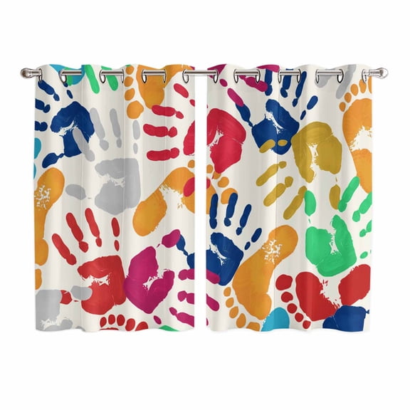 Colorful Handprints Kitchen Curtains 72 Inch Length, Rainbow Abstract Hand Foot Prints Grommet Top Bedroom Living Room Curtains, Light Filtering Cafe Curtain Drapes 2 Panels Set 104''x72''