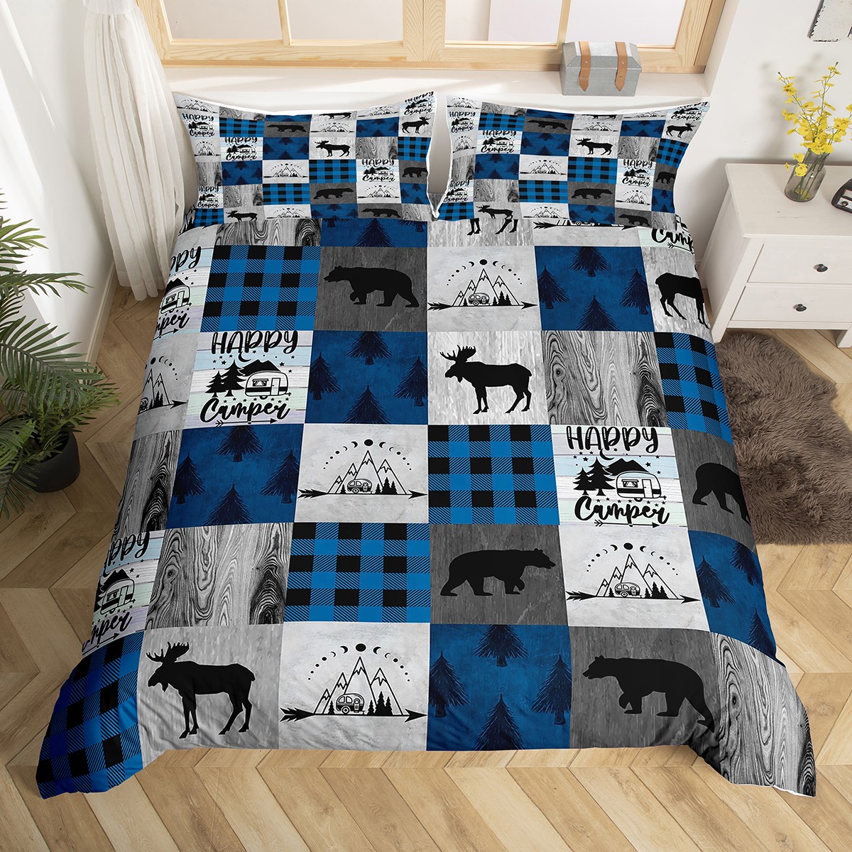 YST Rustic Bear Deer Elk Moose Comforter Cover Twin,Camping Bedding Set