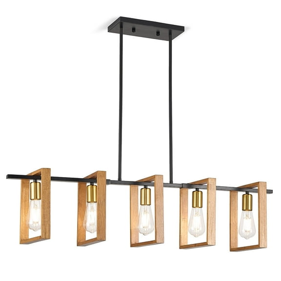 Modern Farmhouse Chandelier with Geometric Wood Frames, Adjustable Height Black Metal and Wood Pendant Light for Dining Room, Kitchen, Living Room, and More