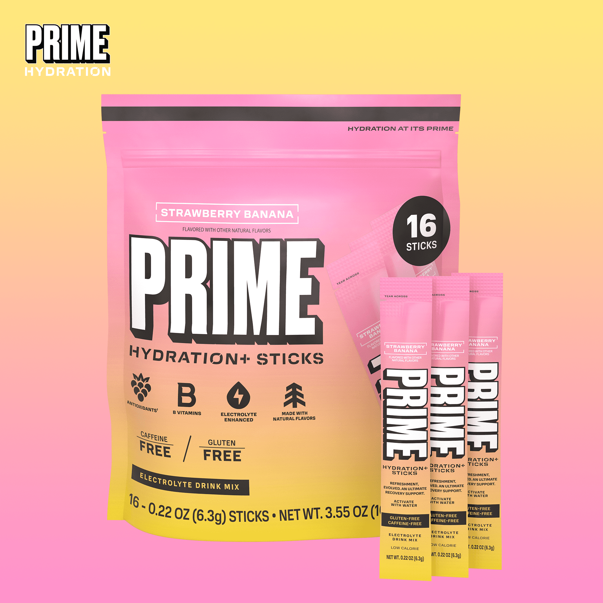 PRIME Hydration+ Strawberry Banana Electrolyte Powder Sticks, Sugar Free, 16 Count