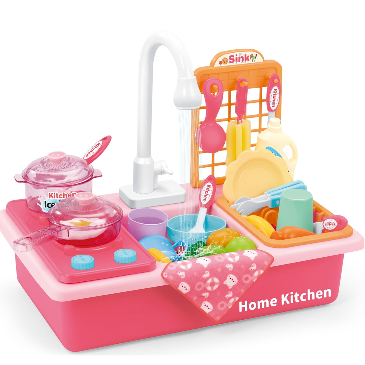 Kitchen Sink Toys Kids Food Cooking Playset with Stove Pot Pan and