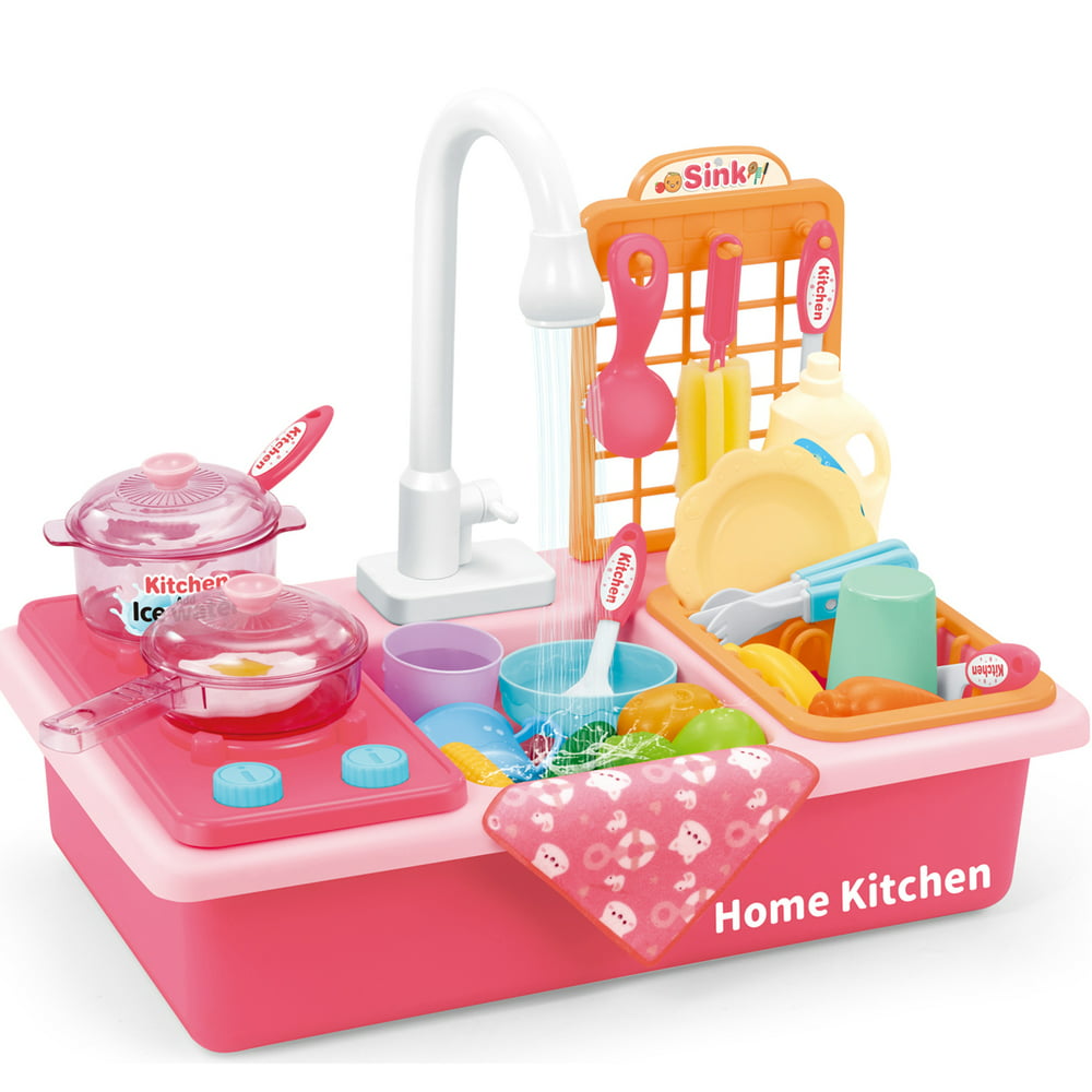Kitchen Sink Toys Kids Food Cooking Playset with Stove Pot Pan and Automatic Water Cycle System