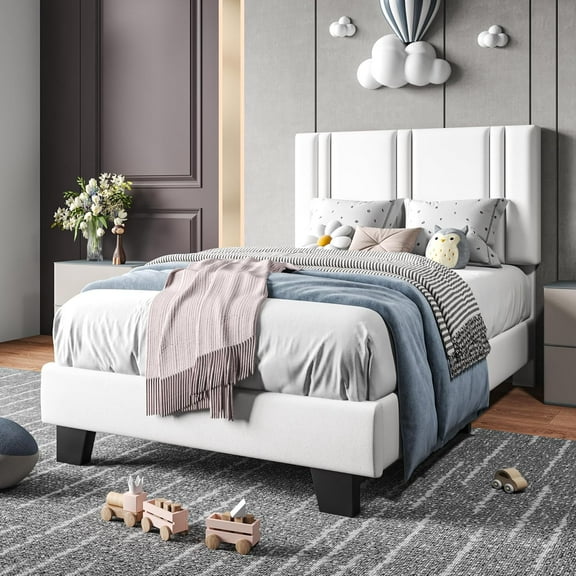 Honfach Twin Bed Frame, Velvet Upholstered Platform Bed Frame, Solid Wood Slats & Heavy Duty Feet Support, No Box Spring Needed, Noise-Free, Easy Assembly, White