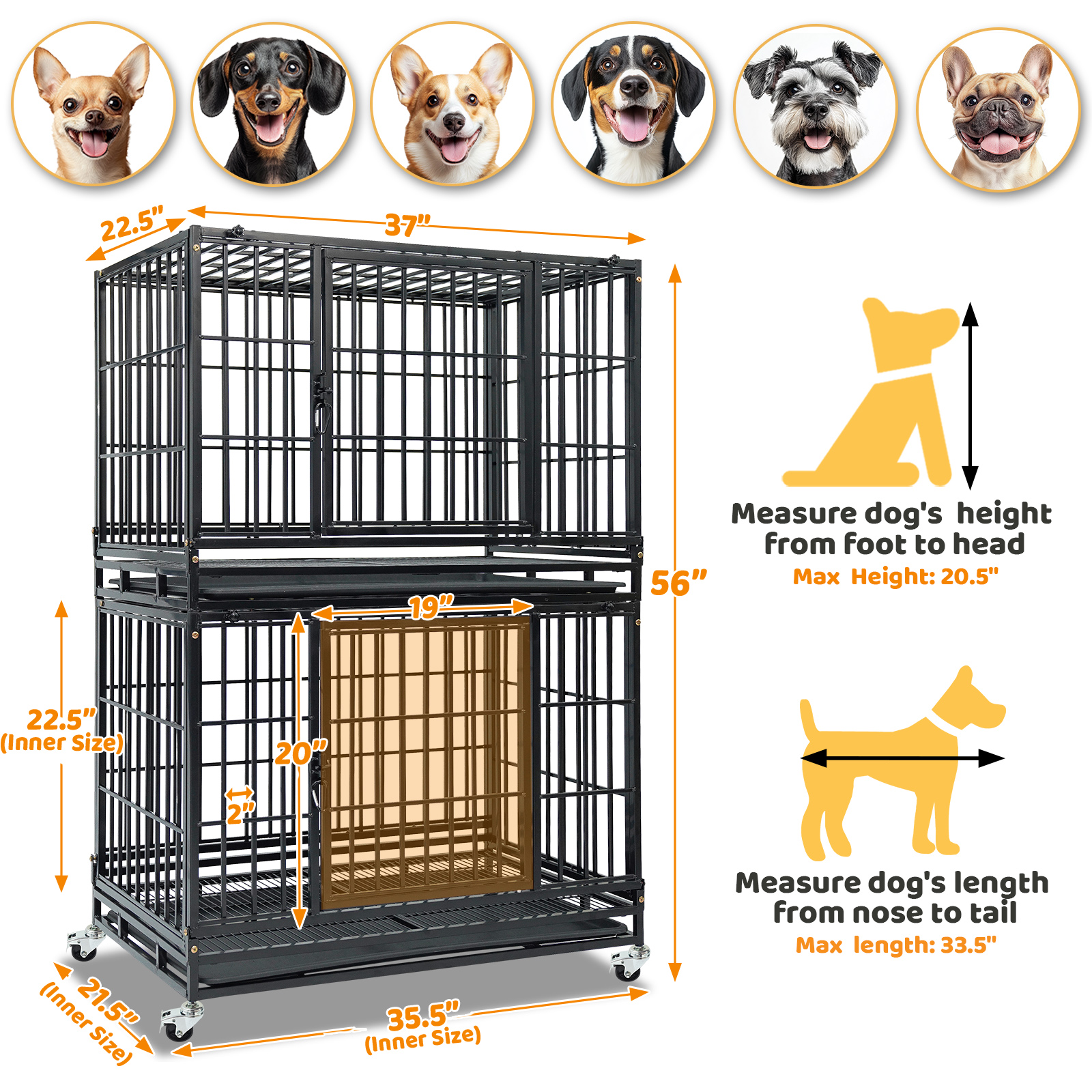 Homey Pet Stackable 2-Tier 36 Inch Dog Crate, Heavy Duty Dog Cage Escape Proof Collapsible Kennel with Open Top, Lockable Wheels, Removable Tray & Grid for Medium/Small Dogs