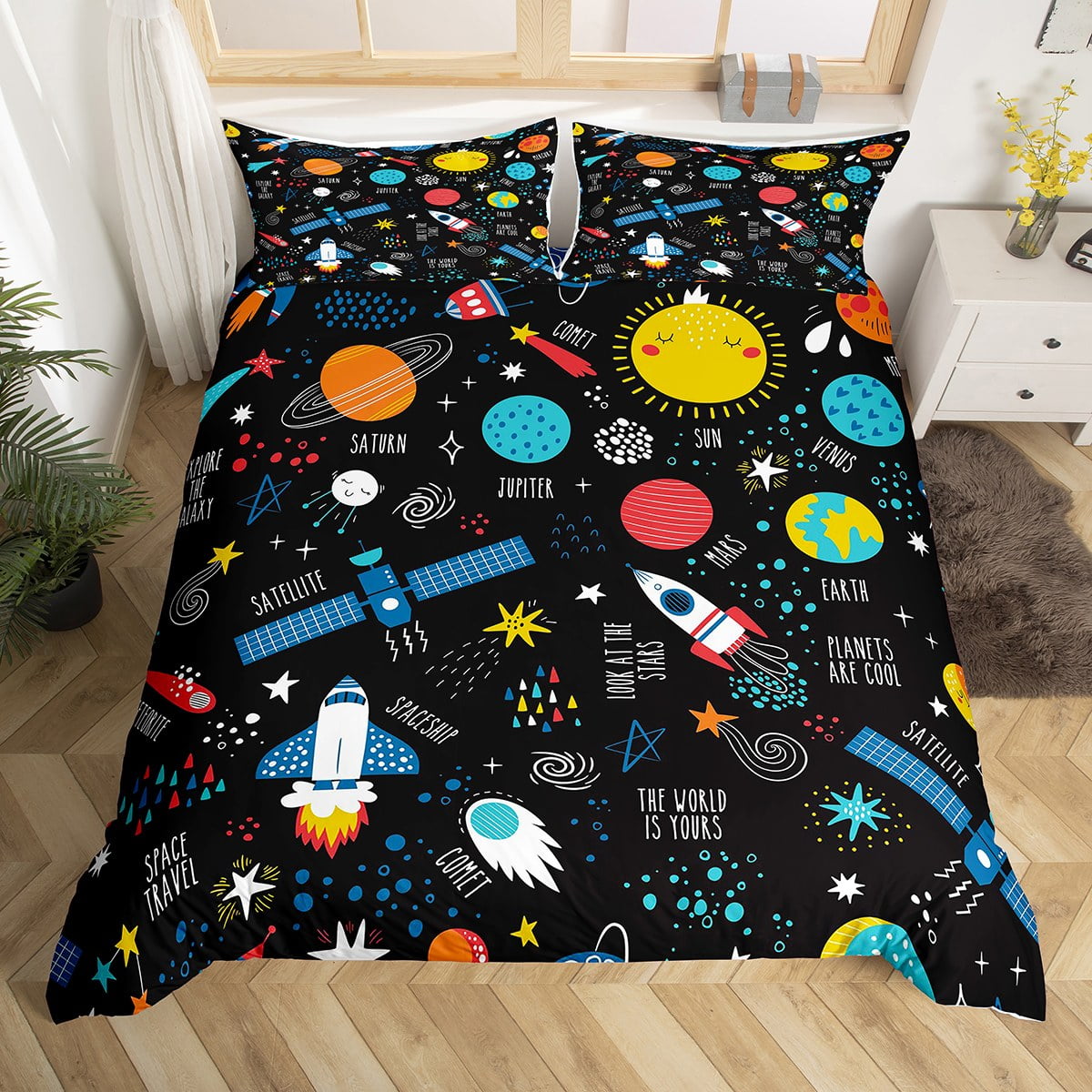 Kids Outer Space Bedding Set King Size Space Ship Rocket Duvet Cover