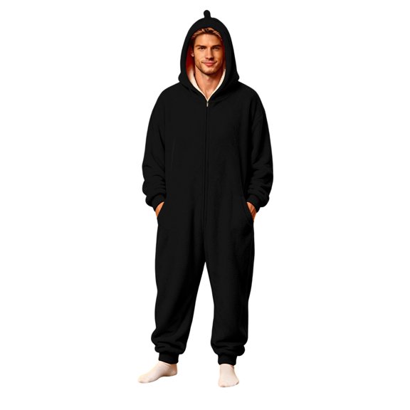USNSM Pajamas Women Cozy Fleece Lined Home Jumpsuit, Cute Fall Pajamas, Loose Relaxed Fit, For Fall Winter Matching Loungewear Black S