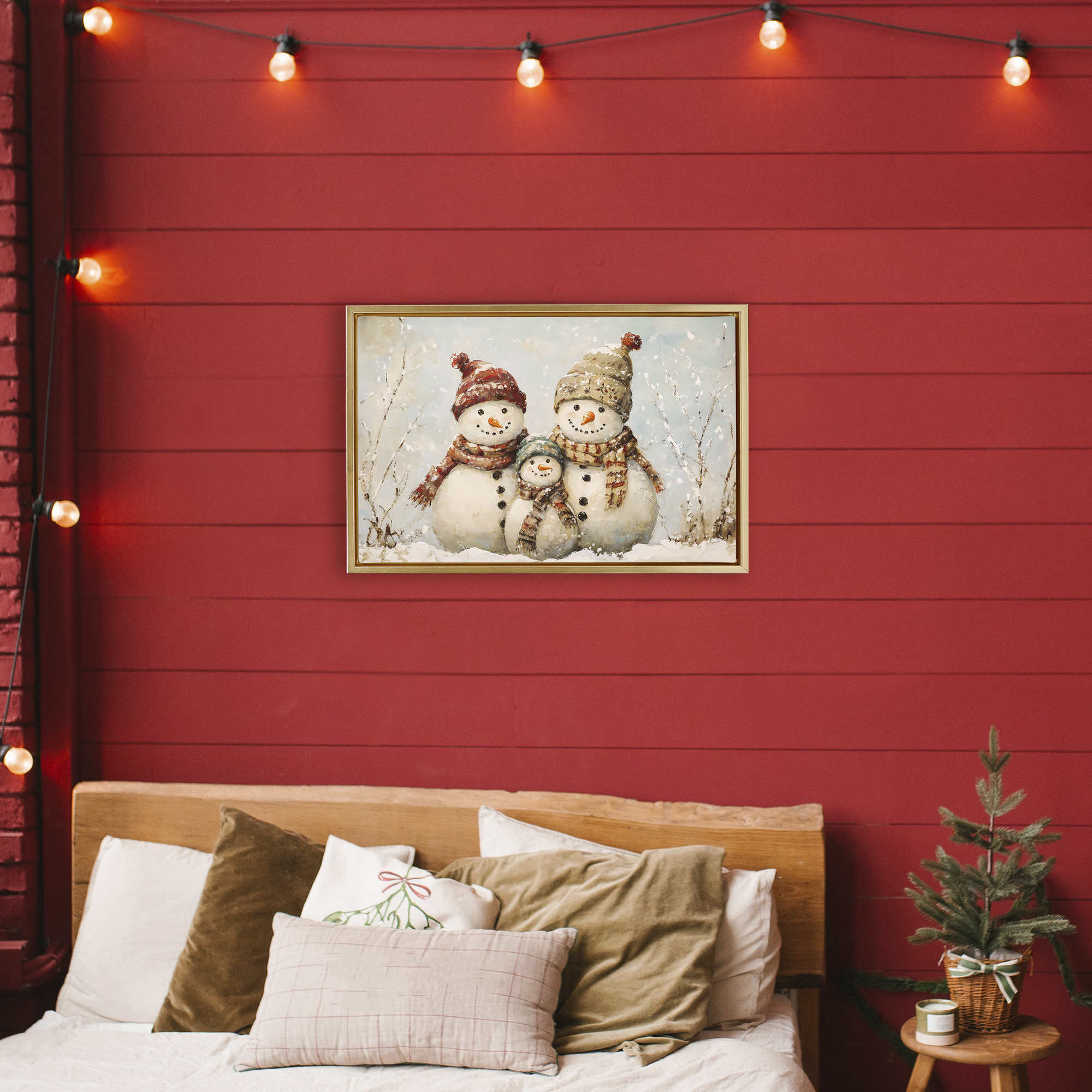 Snowman Family Of Three Gold Framed Floater Canvas Wall Art, design by Petal Prints Design