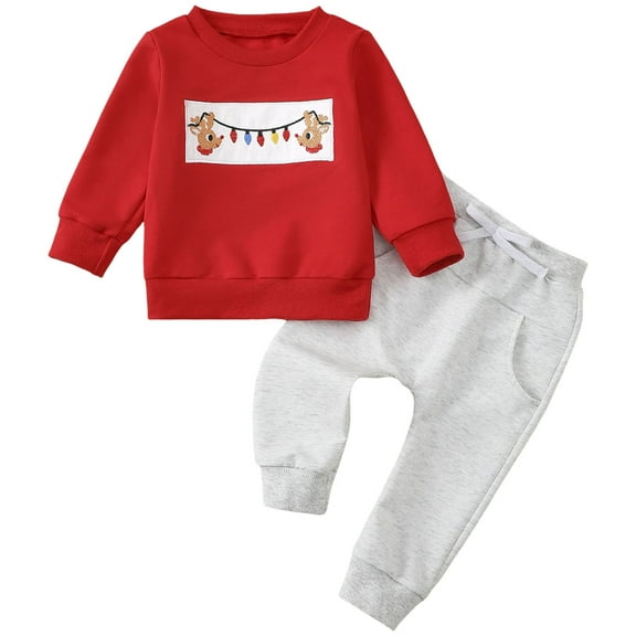 Xudanell Toddler Boy Outfits Raglan Sleeve Sweatshirt Trucks Cute Boys Outfits Baby Shirt Pants 12 Month Boy Clothes Red 12-18 Months