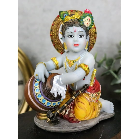 Hindu God Young Baby Krishna Vishnu Stealing Butter From The Gopis Statue Decor