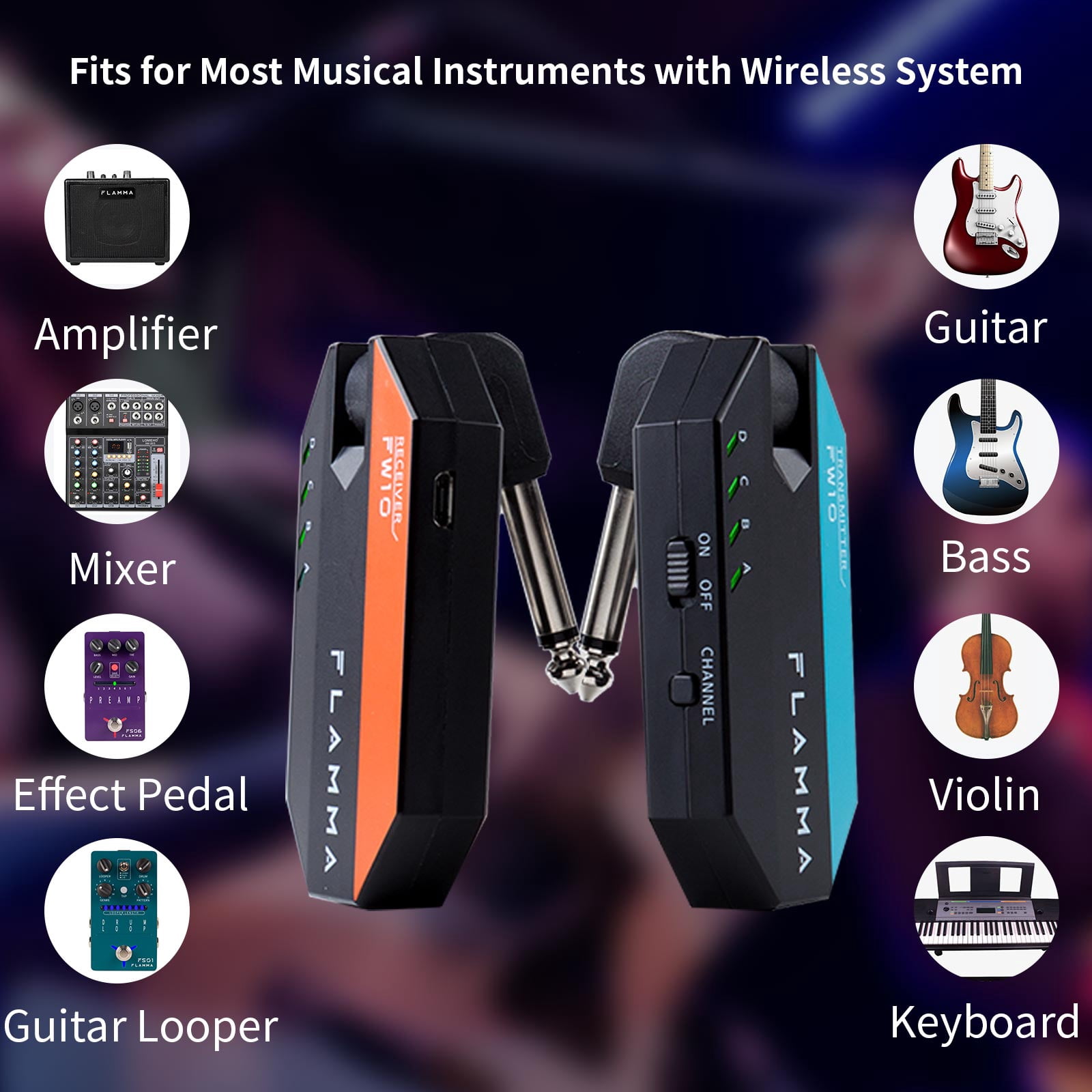 FLAMMA FW10 Digital Wireless Guitar System 2.4GHZ Rechargeable Transmitter Receiver