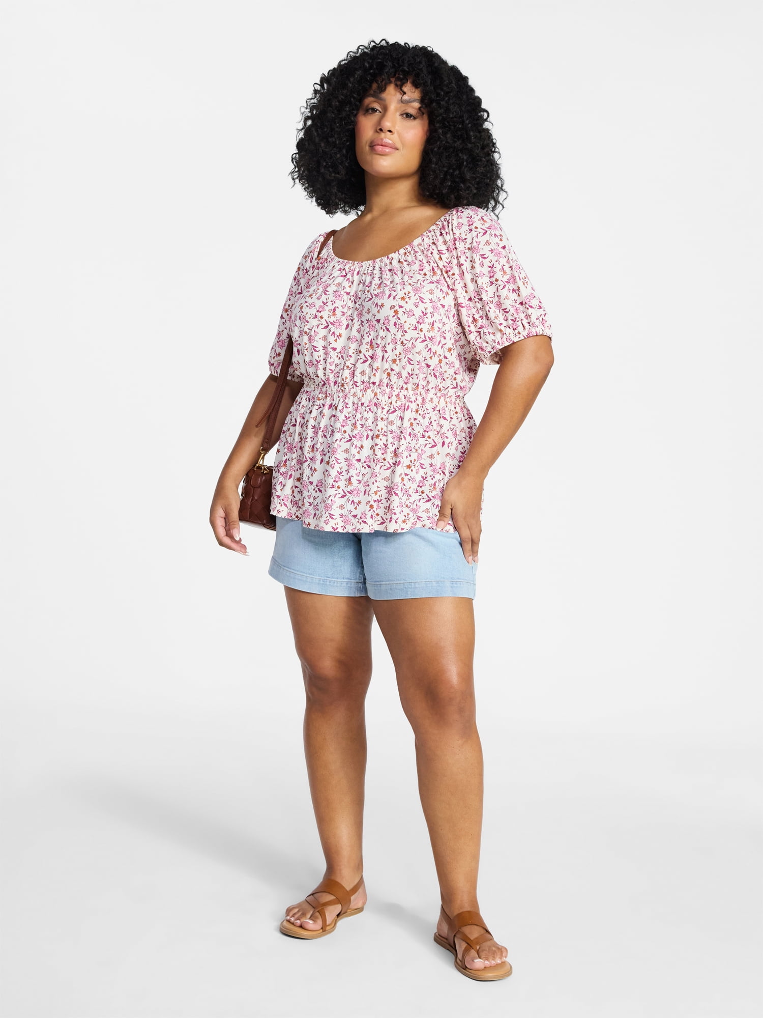 Terra & Sky Women's Peplum Top with Short Puff Sleeves, Sizes 0X-5X