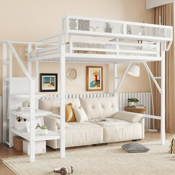 Twin XL Size Loft Bed Frame with Wardrobe and Stairscase, Metal High Loft Beds with Storage Shelves and Safety Guard Rails for Bedroom, Apartment, Dorm, Mattress Not Included, White