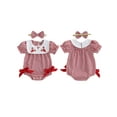 thumbnail image 2 of Rovasas Baby Girl Lobster Embroidery Romper Plaid Jumpsuit with Headband, 2 of 9