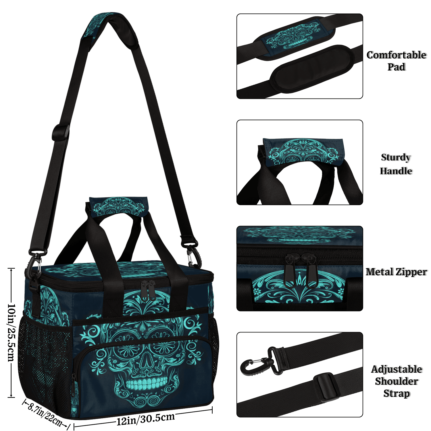 Herdesigns Sugar Skull Mexican Large Lunch Box for Adults Women Men with Adjustable Shoulder Strap, Insulated Reusable Lunch Bag Leakproof Cooler Tote Bag