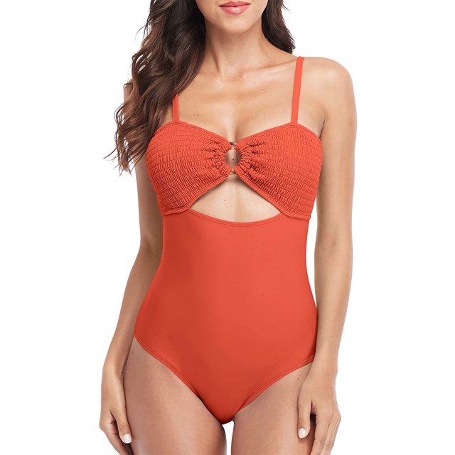 Charmo Womens Cut Out Smocked One Piece Swimsuits Swimwear High Cut Backless Monokinis Bathing Suits