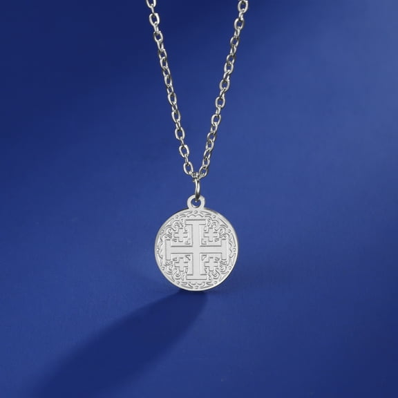 EUEAVAN Silver Cross Round Plate Pendant Necklace Stainless Steel Jewelry