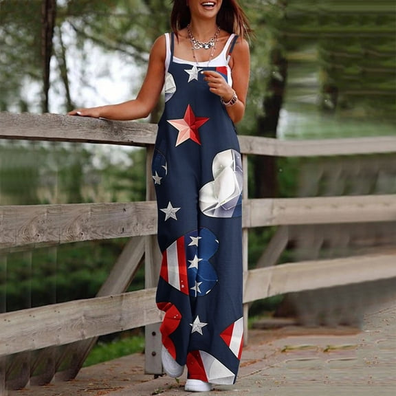 Haivin Women's Jumpsuit with Independence Day Print, Sleeveless Straps, High-Waisted Wide-Leg with Pockets for Casual and Daily Wear