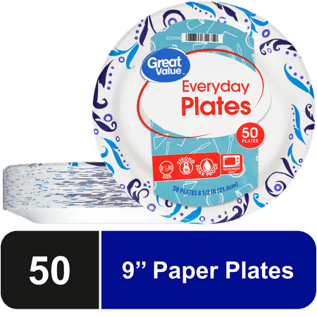 Great Value Everyday Strong, Soak Proof, Microwave Safe, Disposable Paper Plates, 9 in, Patterned, 50 Count
