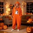 thumbnail image 2 of Swanpen Women Halloween Pumpkin Onesie , Hooded Plush One Piece Pajamas, Cute Jack O' Lantern Jumpsuit for Halloween Party & Loungewear,Orange, 2 of 4