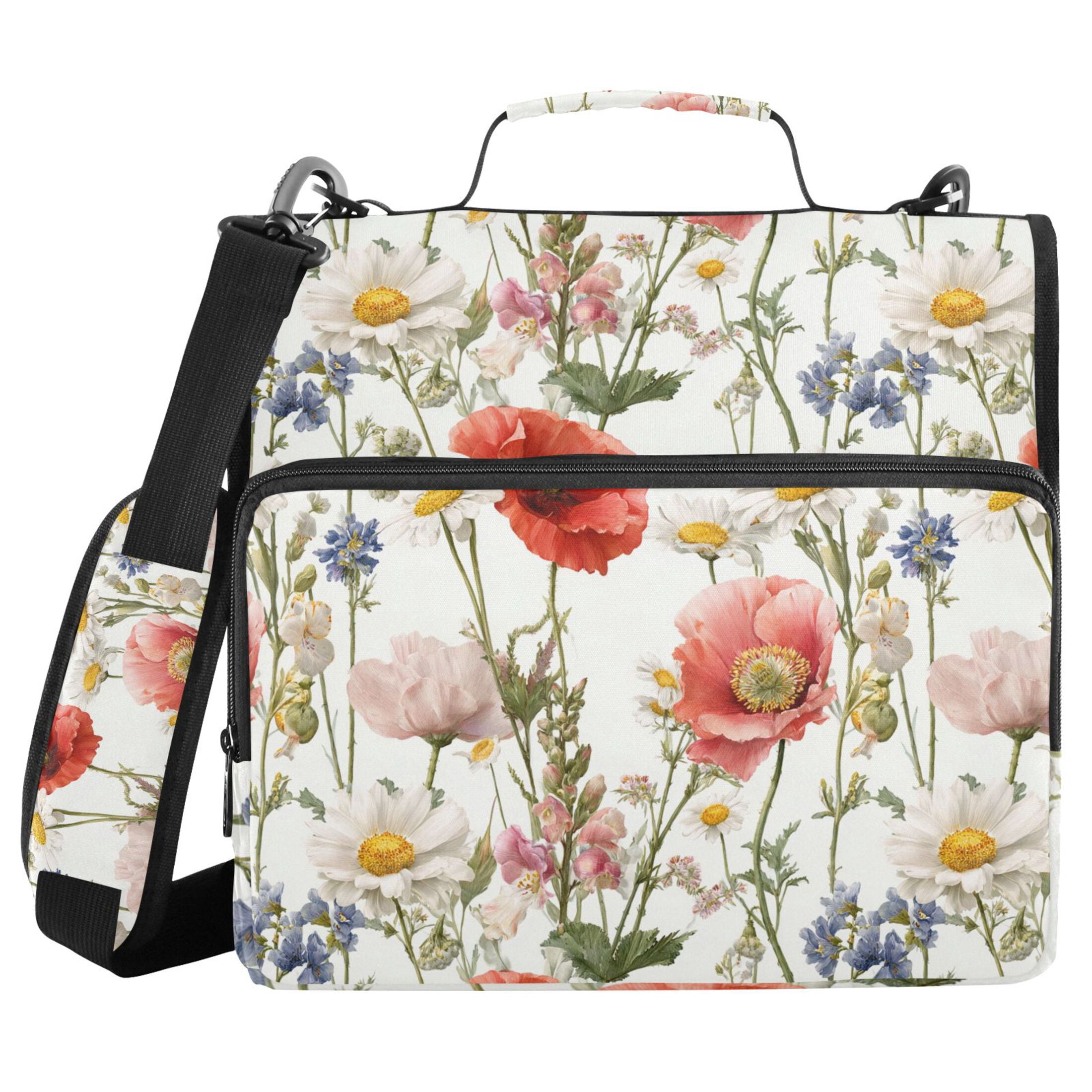 Zipper Binder Wildflowers in Natural Meadow 1.5 Inch Binder Folder Bag with Shoulder Strap and Handle
