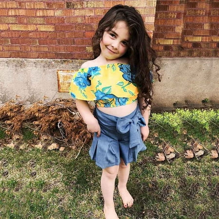 

AURIGATE Toddler Kids Baby Girls Summer Floral Tops+Denim Ruffled Bow Shorts Outfits Set Clearance