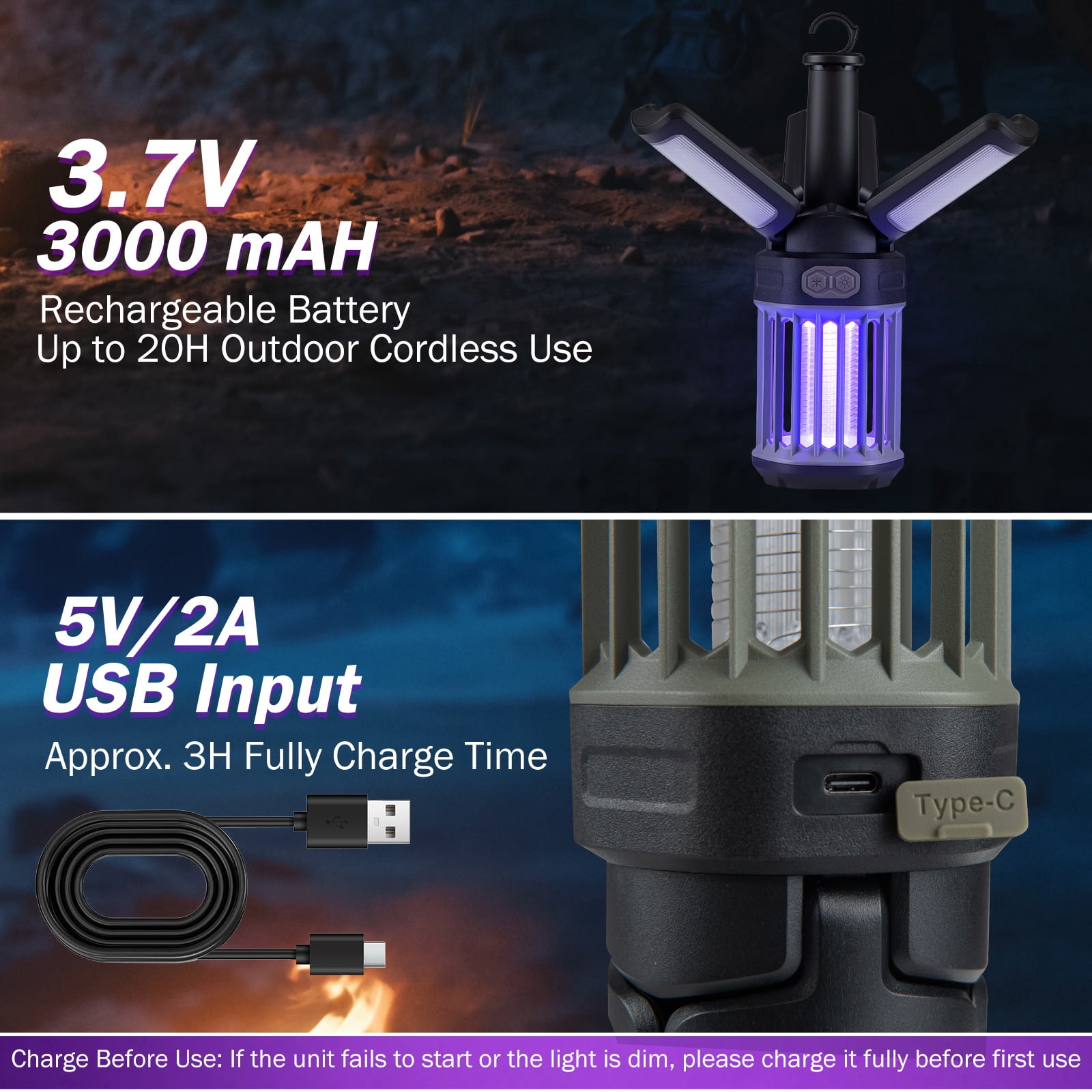 Costway Outdoor Bug Zapper w/Foldable Camping Lantern, Type-C Rechargeable for Patio