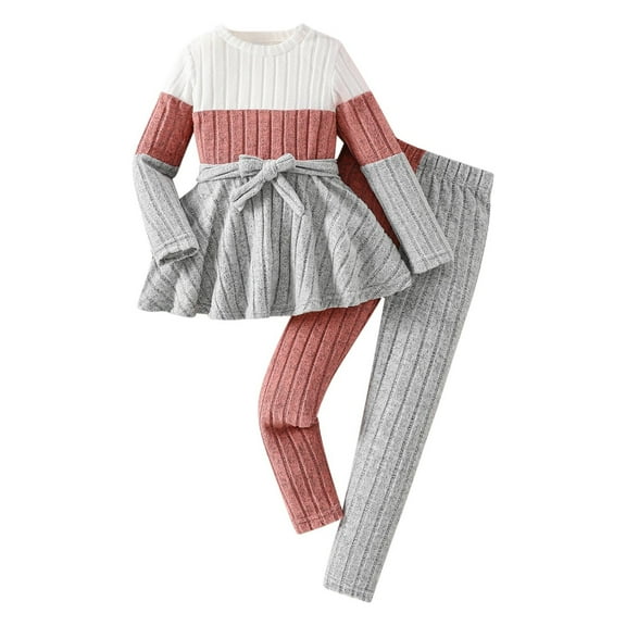 Ashirexll Girls Clothing Sets Fall Winter Solid Color Long Sleeve Top with Belted Pants 2 Piece Set Casual Toddler Outfits for Kids
