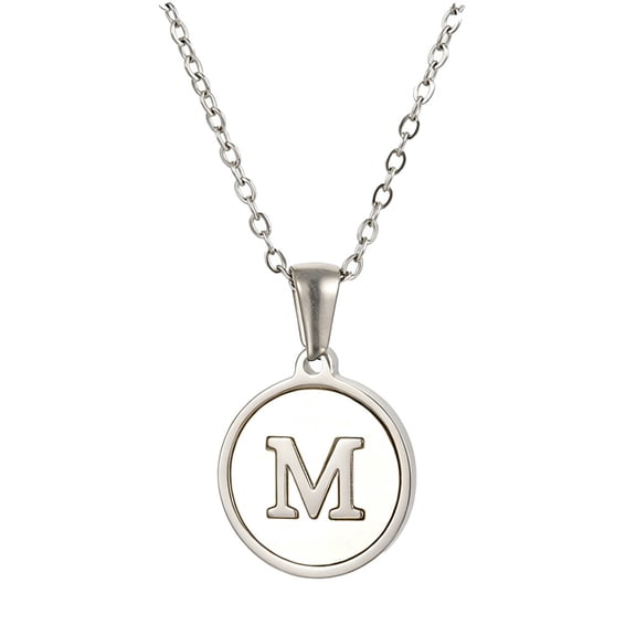 PAURO Shell Initial Necklace for Women Letter Disc Pendant Stainless Steel Alphabet Circle Dainty Personalized Gift Jewelry Silver Plated Letter M