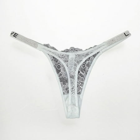 

ALSLIAO Women Lace Underwear Fitness T Back G-String Letter Glitter Bling Belt Thong White M
