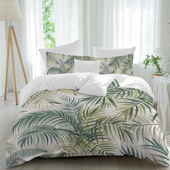 Tropical Plant Queen Size Comforter Set, Green Leaf Palm Leaf Nature Bedding for All Seasons, 4 Pcs Bed Set, 1Quiltcover (90"x92") ,1Sheet(94"x116"), 2Pillowcases (30"x20")