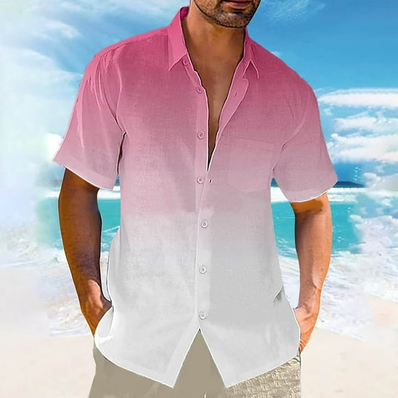 Weiqiqre Mens T-shirt Gradient Shirt Linen Short Sleeved Lapel Pocket Beach Casual Cardigan Bottom Shirt Blouse For Summer Sport Soccer, and Daily Casual Wear
