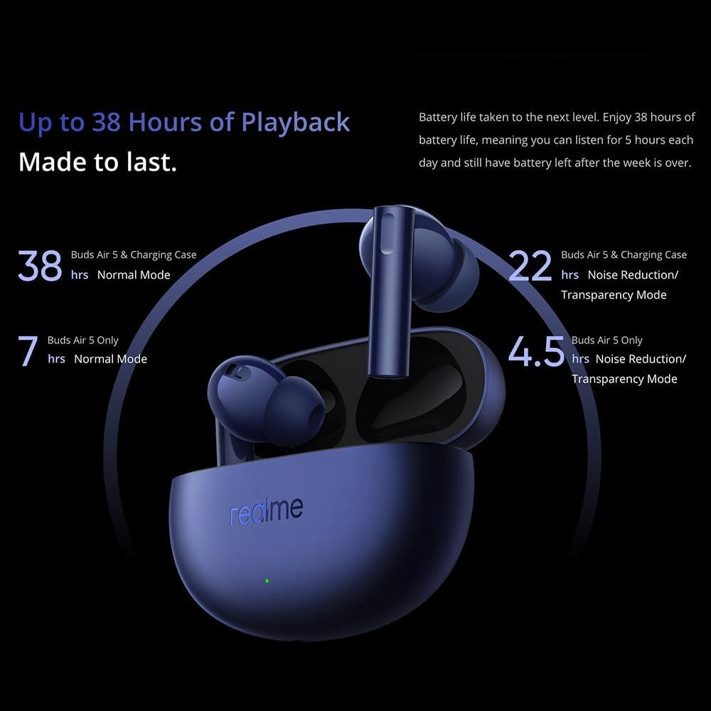 realme Buds Air 5 Truly Wireless in-Ear Earbuds with 50dB ANC, 12.4mm Mega Titanized Dynamic Bass Driver, Upto 38Hrs Battery with Fast Charging & 45ms Ultra-Low Latency for Gaming - (Blue)
