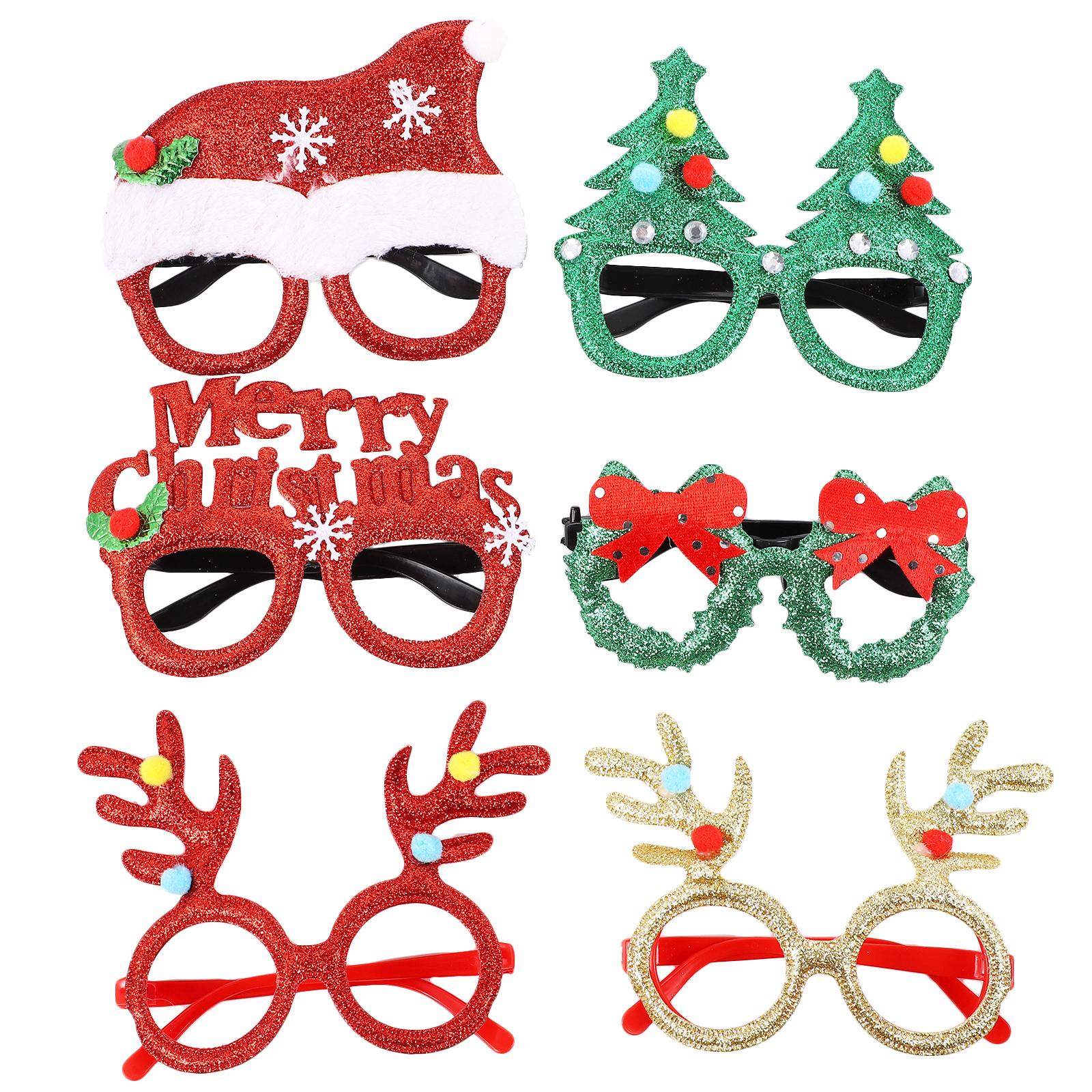 Frcolor 6pcs Glitter Christmas Glasses Eyeglass Frames Glasses Decor (Random Style)