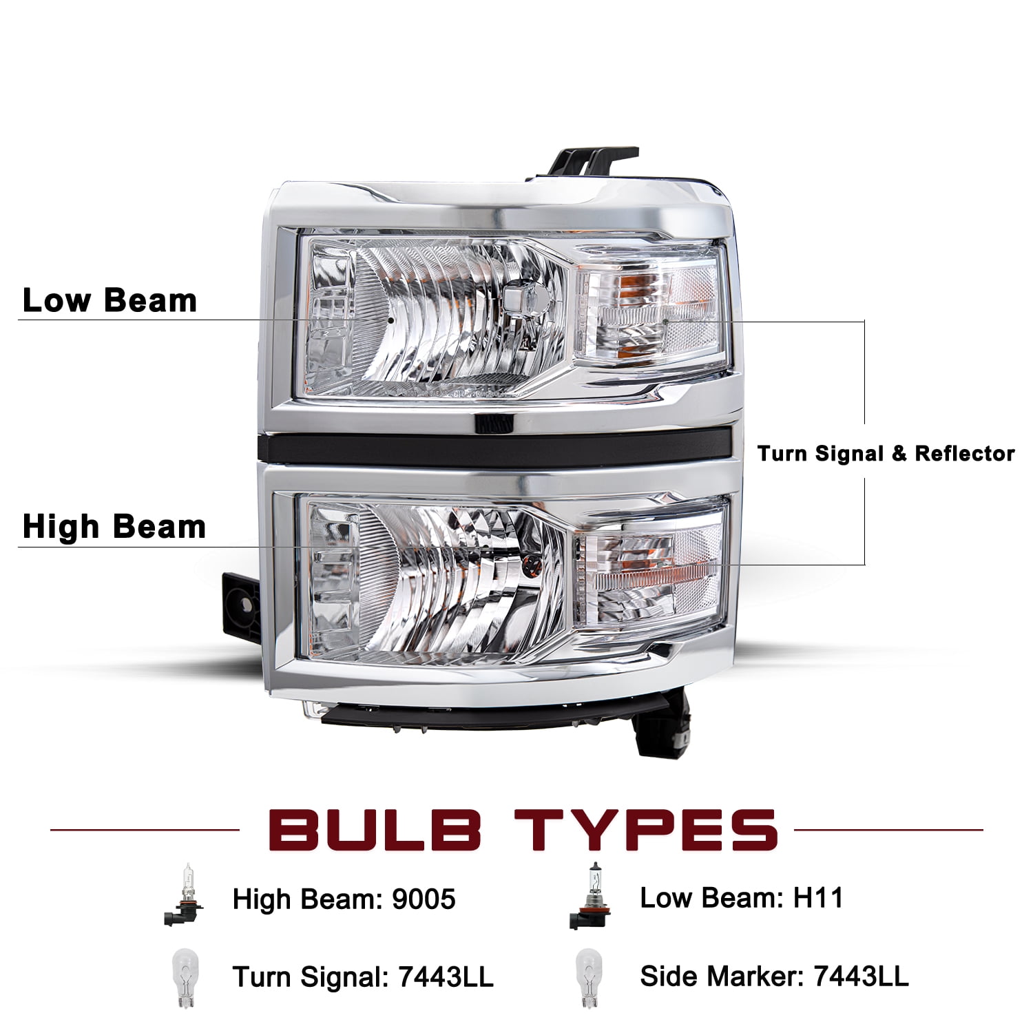 Chrome Headlights For 2014-2015 Chevy Silverado 1500 Headlamps LH+RH Pairs 14-15