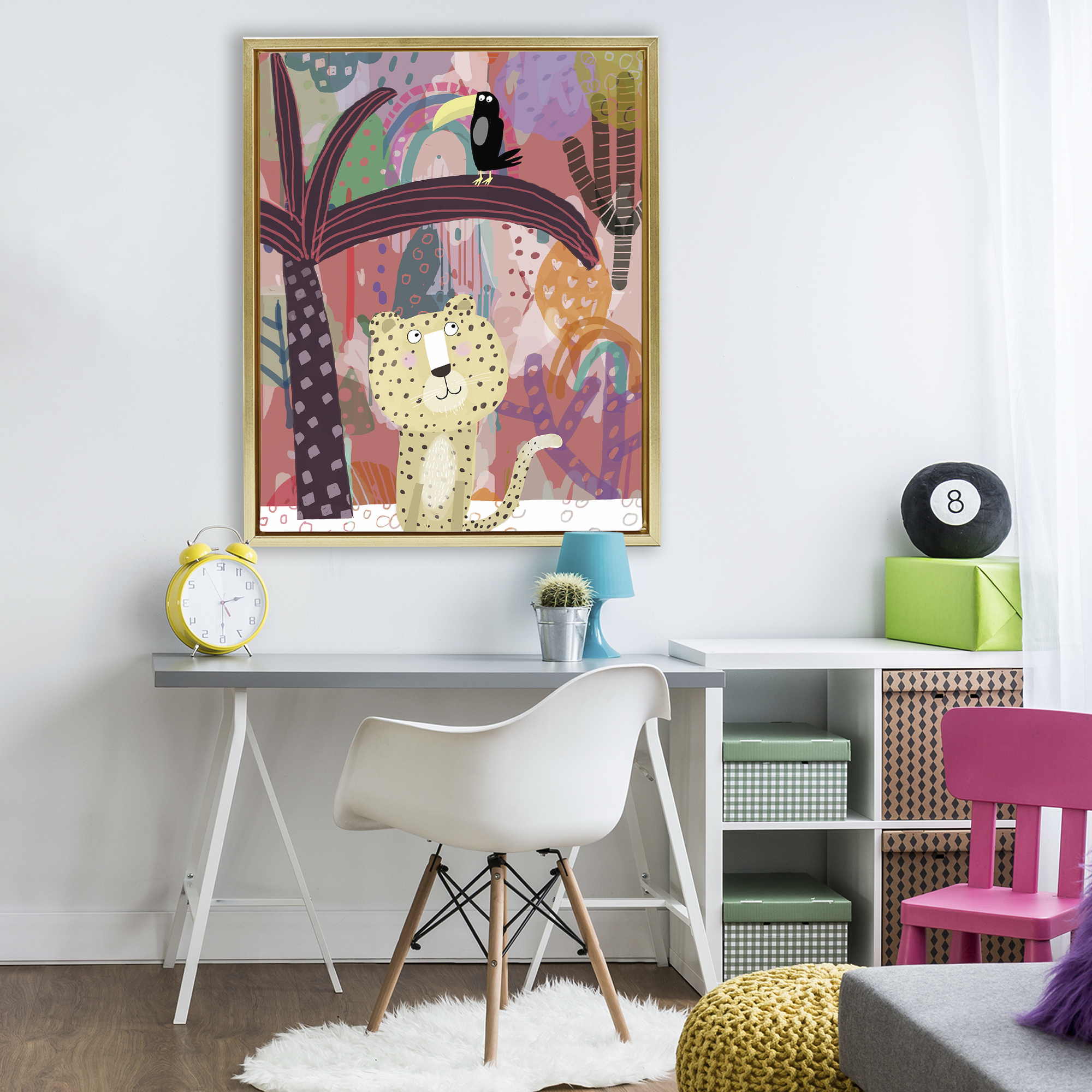 Whimsical Cheetah & Toucan Gold Framed Floater Canvas Wall Art, design by Carla Daly
